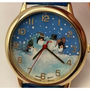 Milon Winter Scene Watch Penguins Snowman - New Battery-Leather Adjustable Band